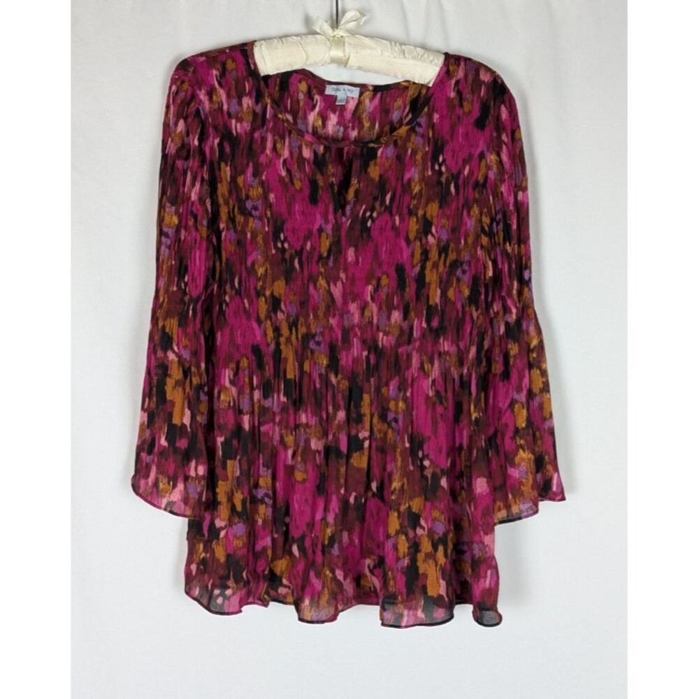 Floral & Ivy L Pleated Tunic Blouse Magenta Watercolor Abstract Boho Bell Sleeve